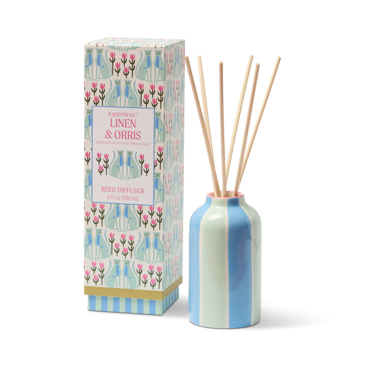 A reed diffuser set with a glossy ceramic bottle in blue and mint green stripes, next to its branded retail box featuring a blue, pink, green and cream floral pattern