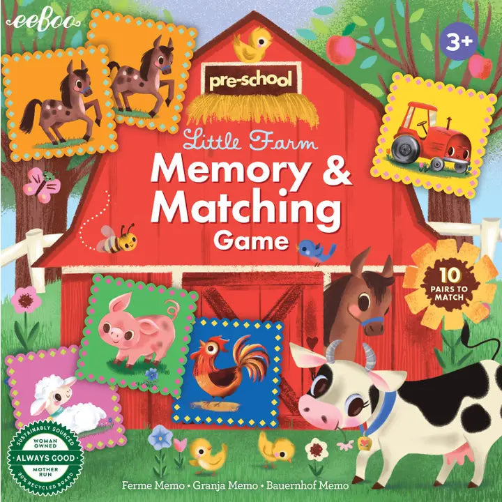 A box of Little Farm Memory & Matching Game with farm animals on it