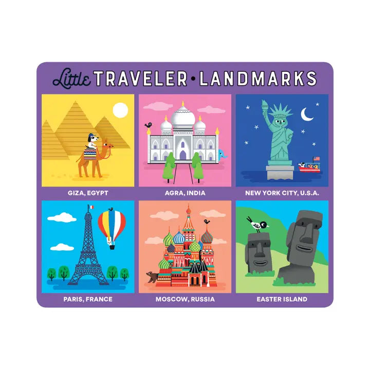 Children's bingo card titled 'Little Traveler Landmarks' with illustrations of famous landmarks around the world.
