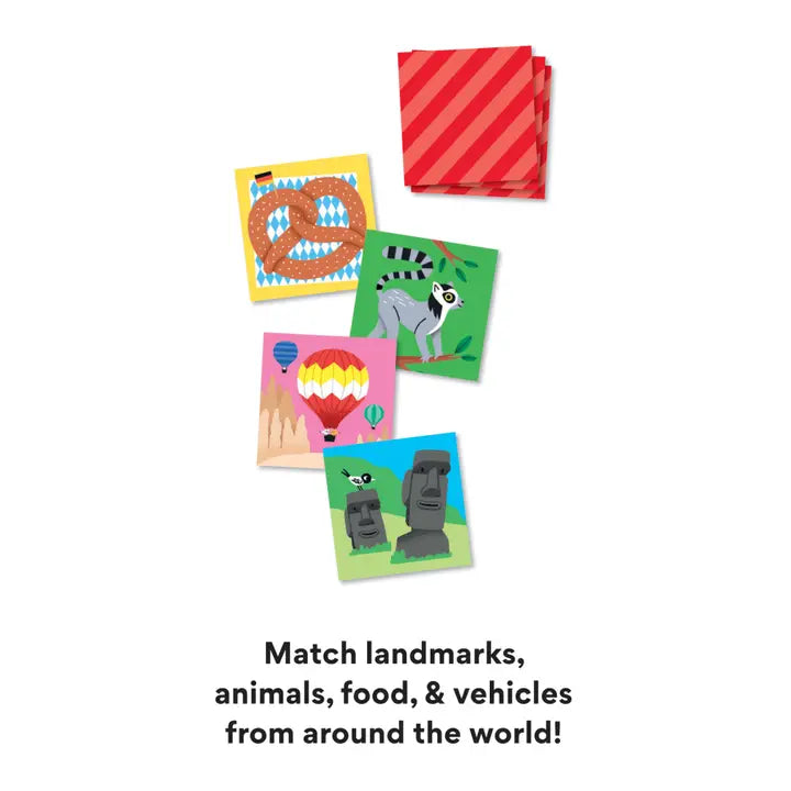 Colorful bingo cards with images of a pretzel, lemur, hot air balloon, and Moai statue on a white background.
