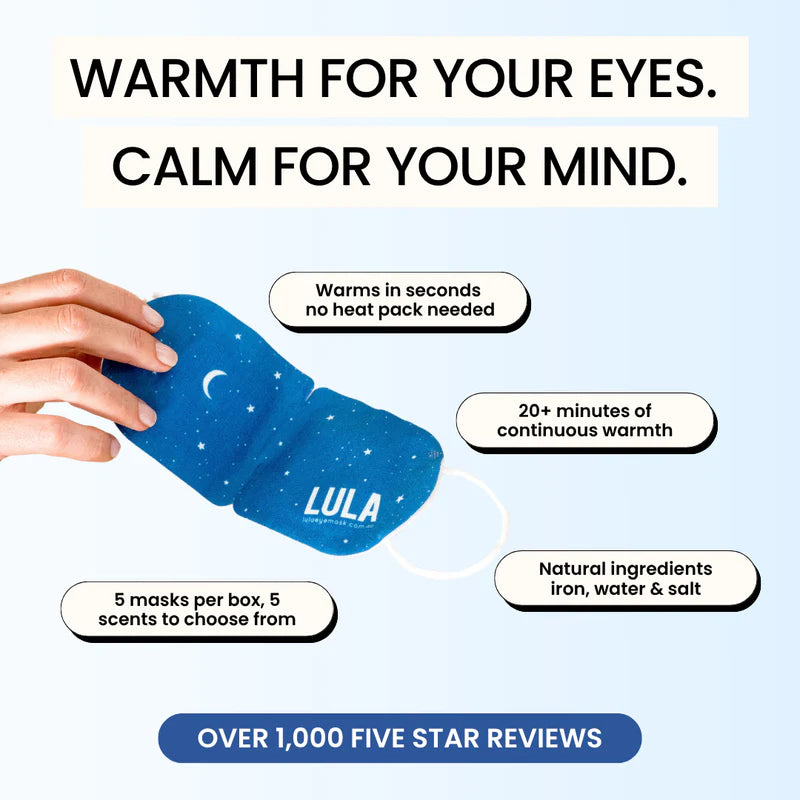 Blue eye mask with text highlighting features and benefits on a light blue background