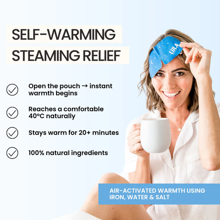 Woman wearing a self-warming steaming relief mask with product features listed on a light blue background.