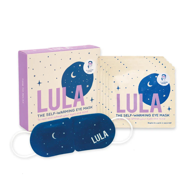 LULA self-warming eye mask packaging with blue masks on a white background