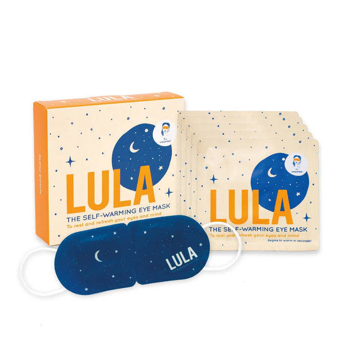 LULA self-warming eye mask packaging with blue masks on a white background