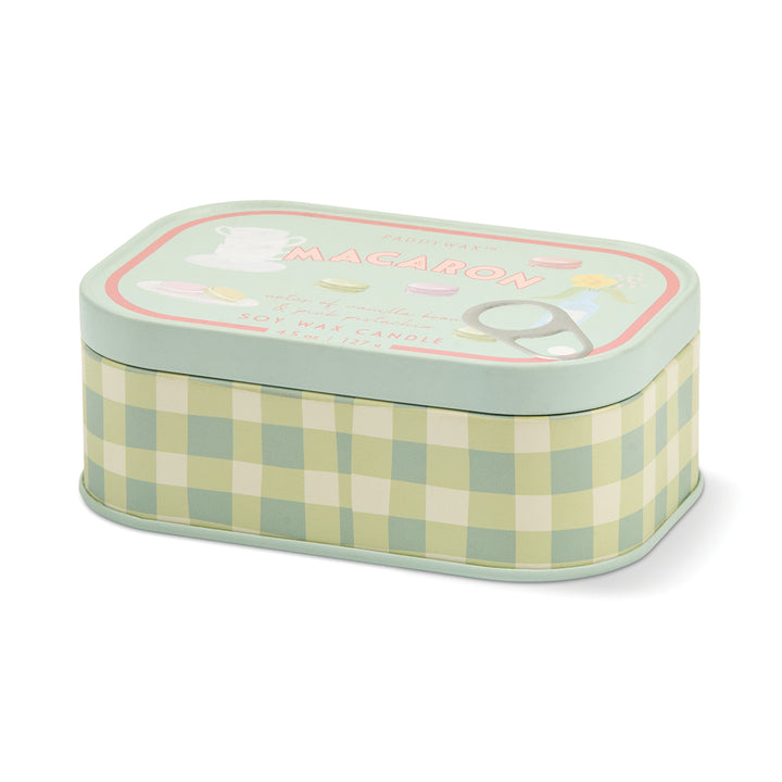 Rectangular tin box with checkered pattern and colorful lid on a white background