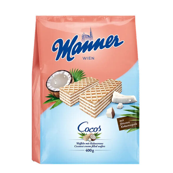 Manner Cocos wafers packaging with pink and blue design