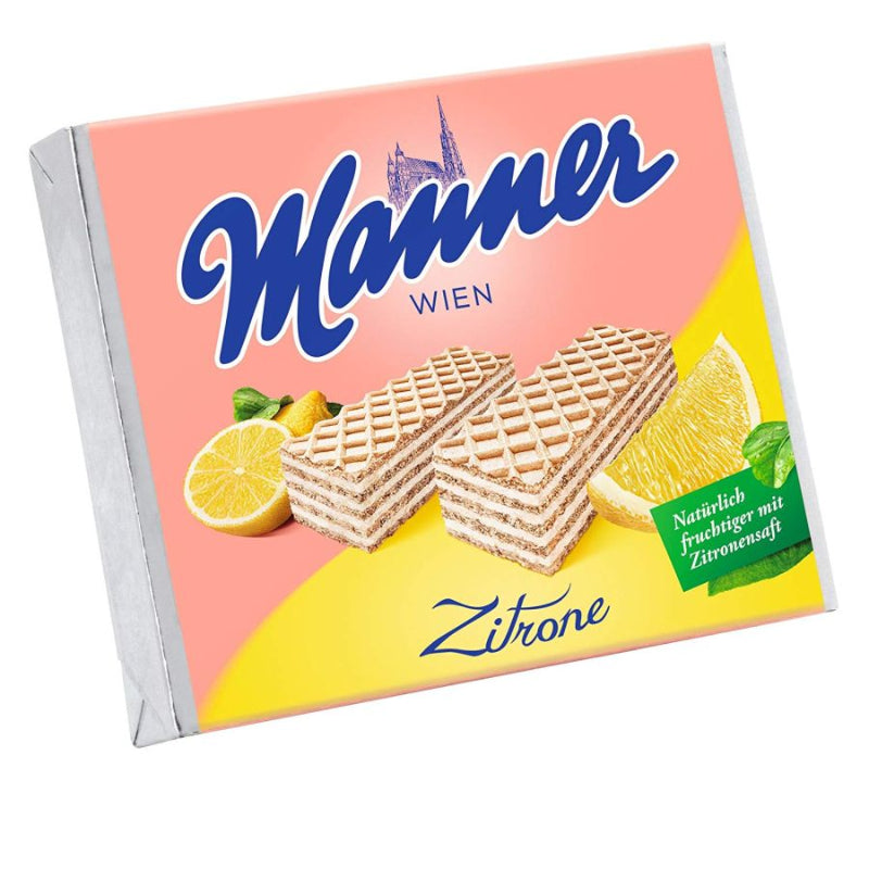 A packet of Manner lemon wafer biscuits on a white background