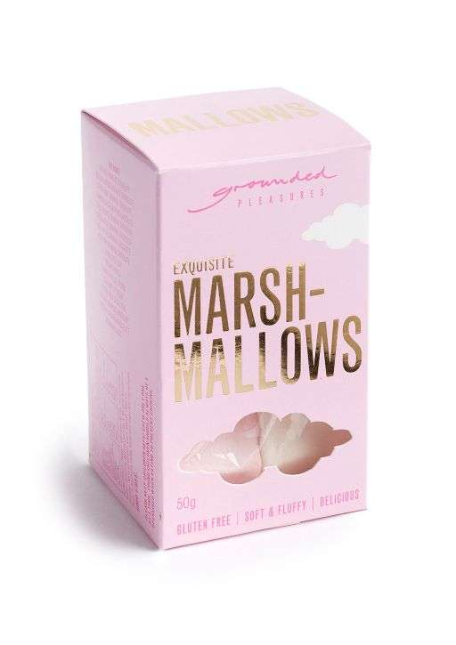 A box of grounded pleasures marshmallows in a pink box on a white background