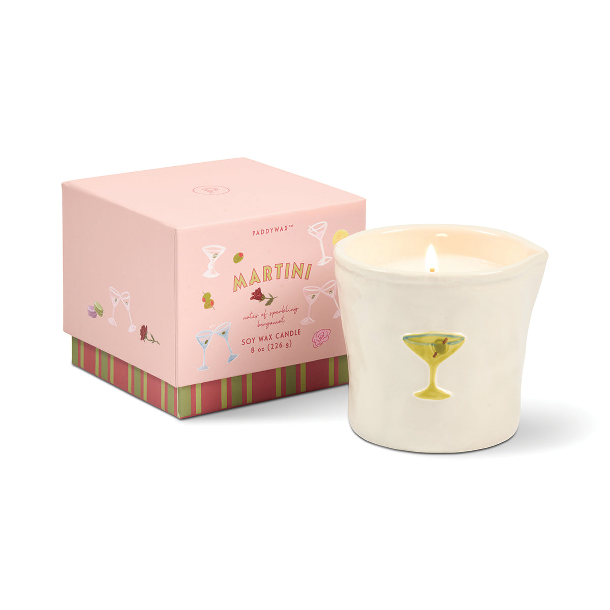 Candle with a pink box labeled 'Martini' on a white background