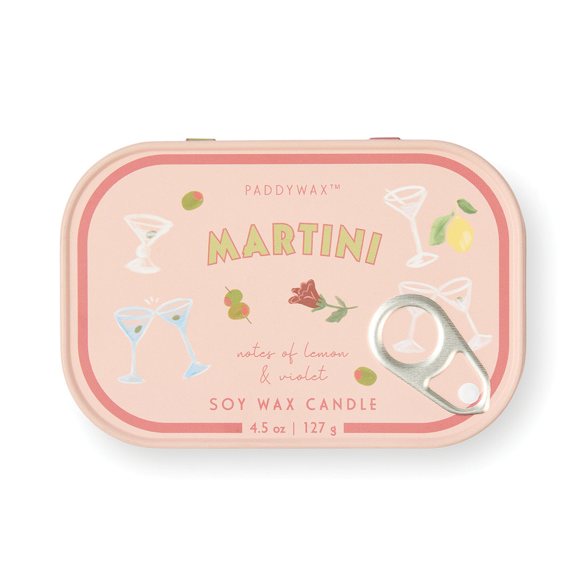 Paddywax Martini soy wax candle tin with decorative design on a white background