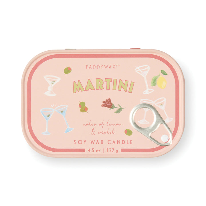 Paddywax Martini soy wax candle tin with decorative design on a white background