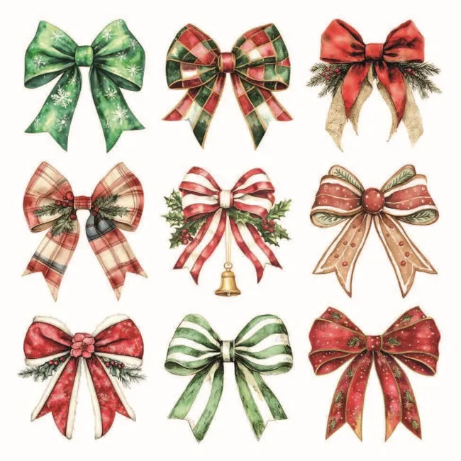 A set of nine Christmas-themed ribbon bows arranged in a 3x3 grid on a plain white paper napkin. The bows feature holiday patterns including plaid, stripes, snowflakes, holly, pine branches, and a small hanging gold bell in the center.