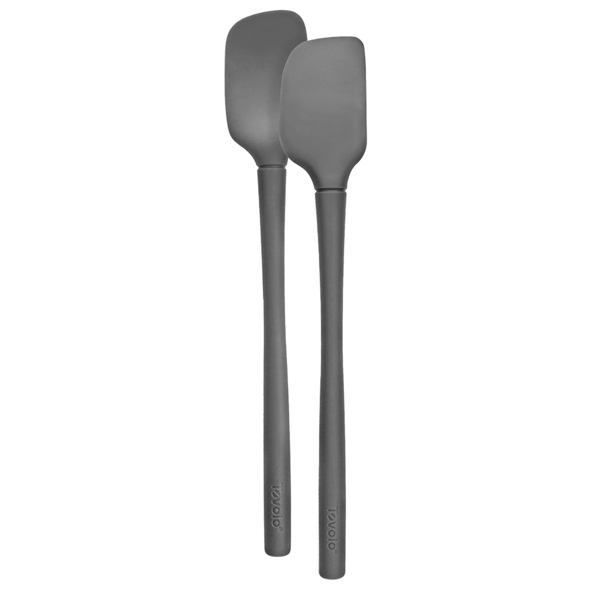 Two gray silicone spatulas on a white background