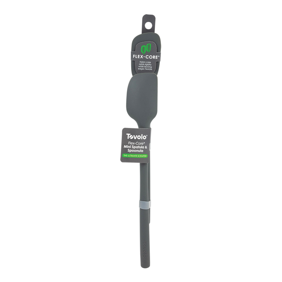 Gray silicone spatula with Tevolo branding on a white background