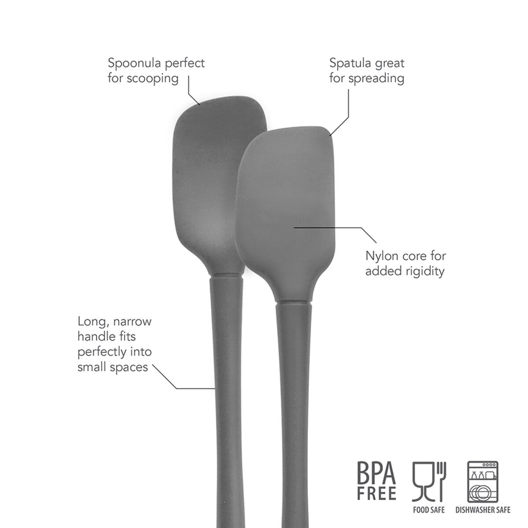 Gray silicone spatula set with features labeled on a white background
