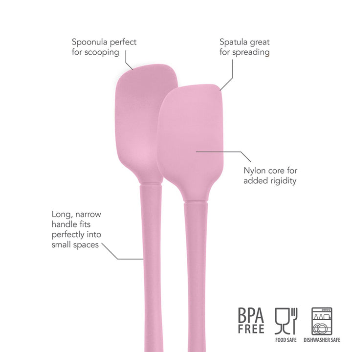 Pink spatula and spoonula with features labeled on a white background