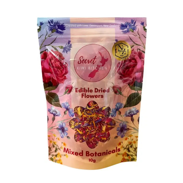 Packaged product of Secret Kiwi Kitchen Edible Dried Flowers with floral design on a white background