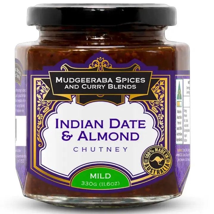 Jar of Mudgeeraba Spices and Curry Blends Indian Date &amp; Almond Chutney on a white background