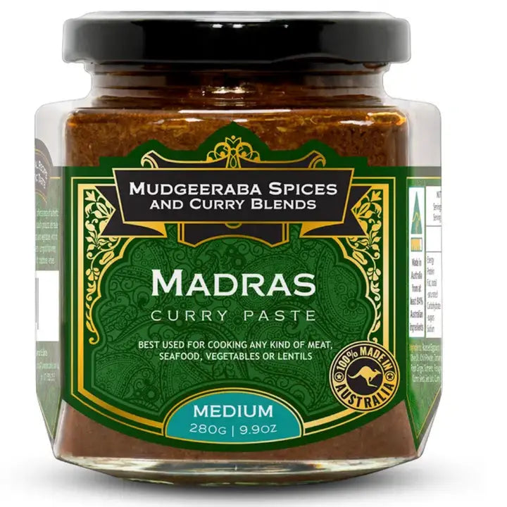 Jar of Mudgeeraba Spices Madras Curry Paste on a white background