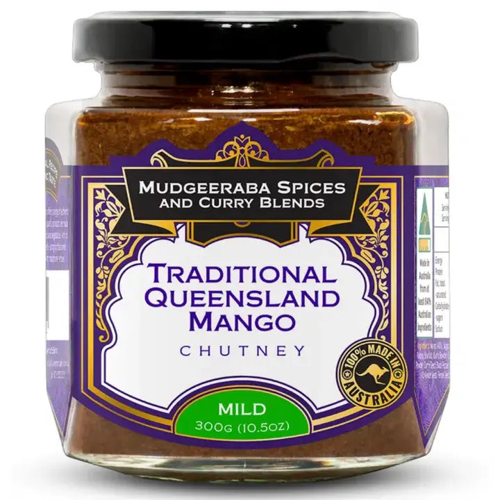 A jar of Mudgeeraba traditional mango chutney on a white background
