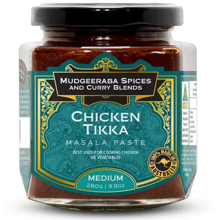 Jar of Mudgeeraba Spices Chicken Tikka Masala Paste on a white background