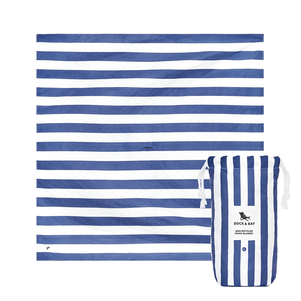 Blue and white striped beach blanket with a matching bag on a white background