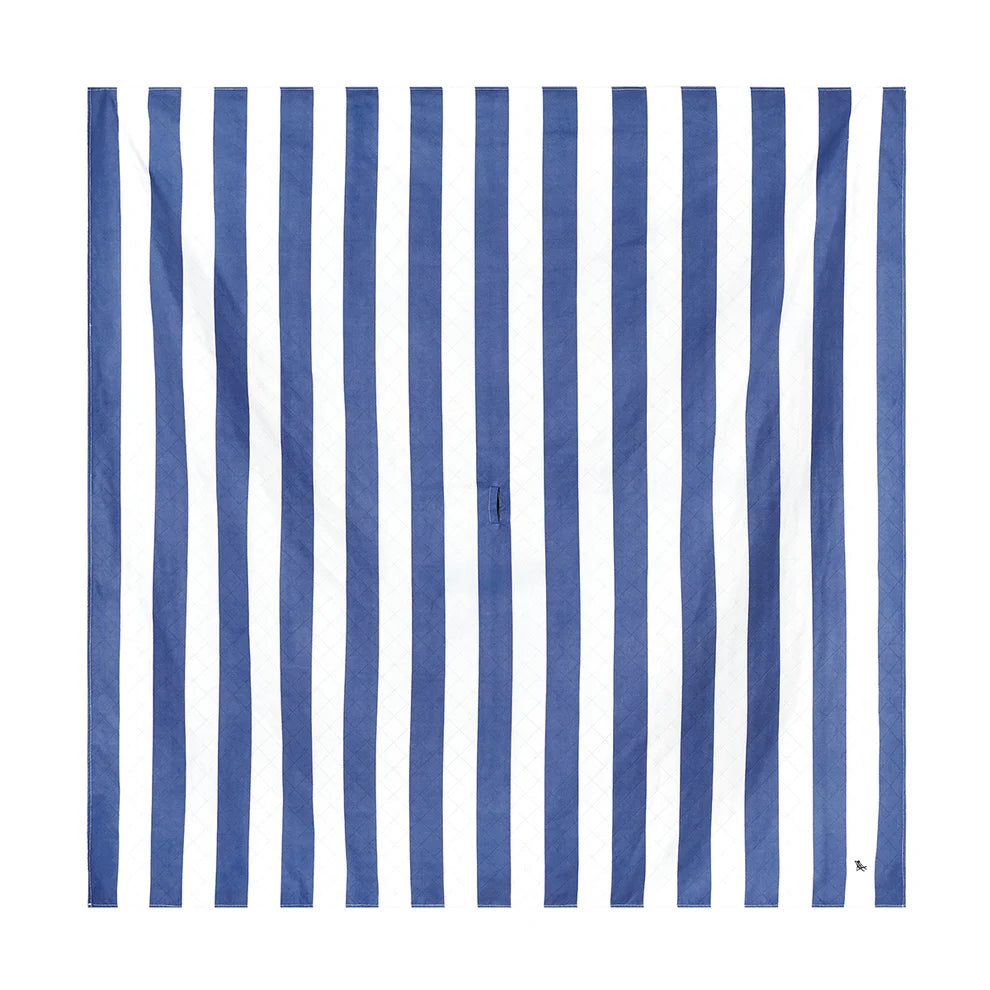 A square beach blanket vertical blue and white stripes, shown flat against a plain white background.