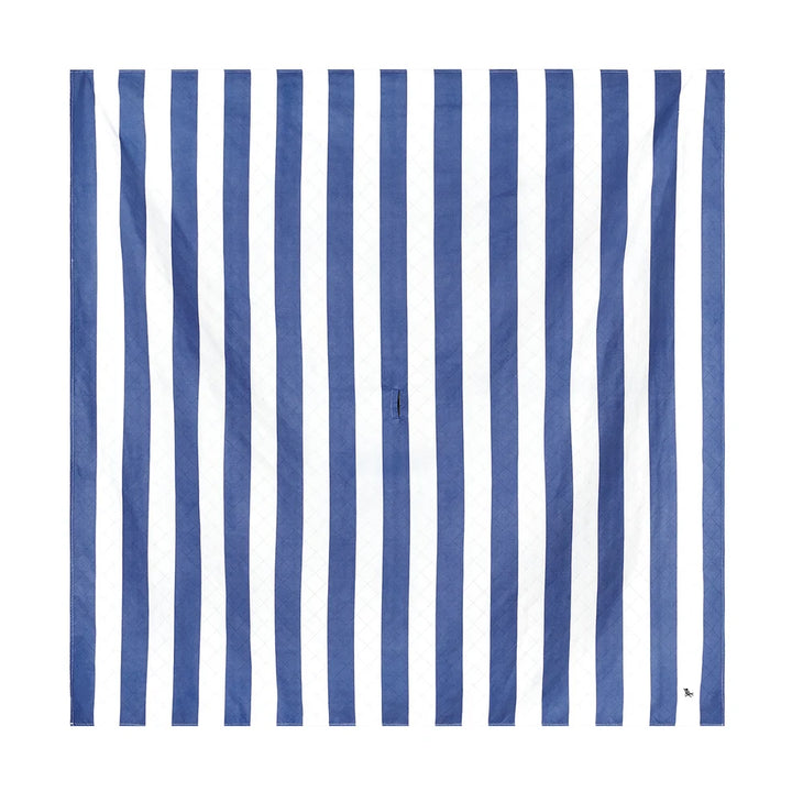 A square beach blanket vertical blue and white stripes, shown flat against a plain white background.