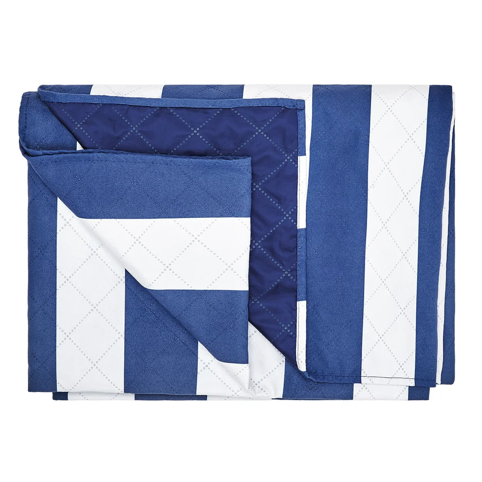 Blue and white beach blanket with a striped pattern on a white background