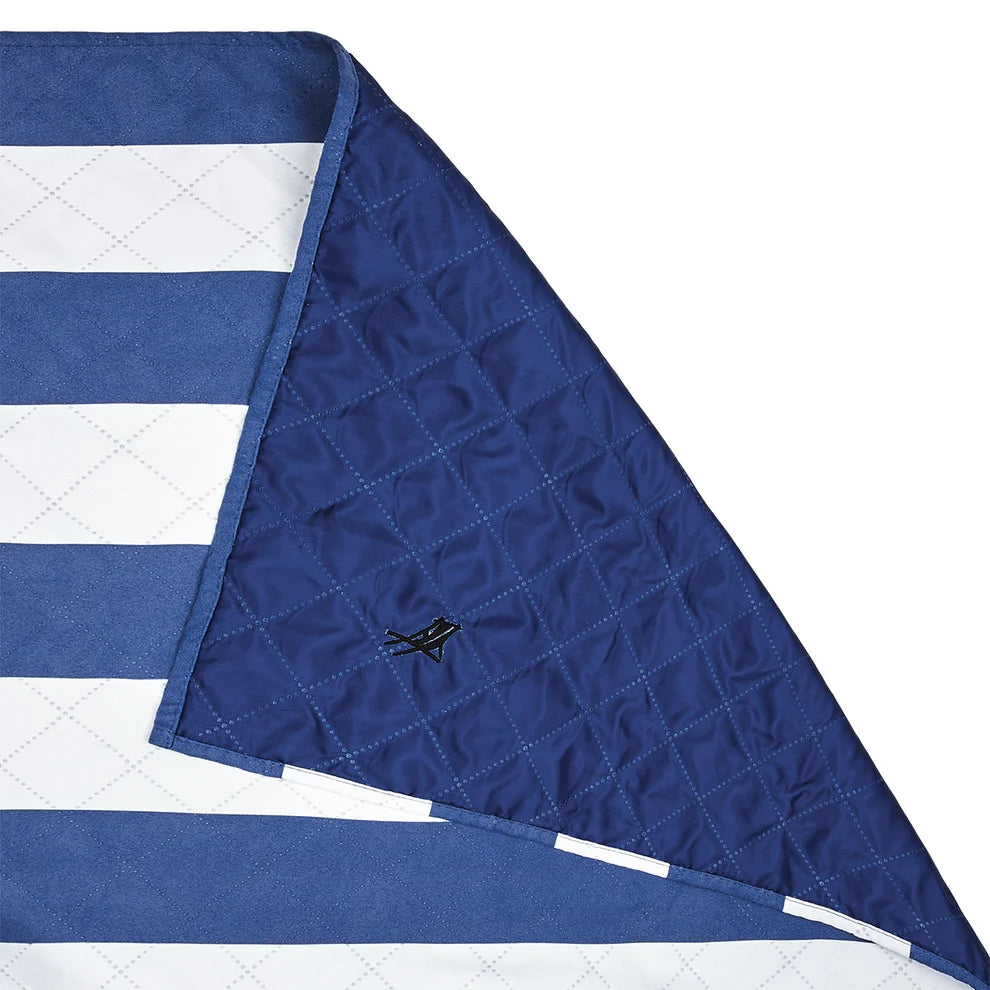 Blue and white striped beach blanket with stripe pattern on a white background