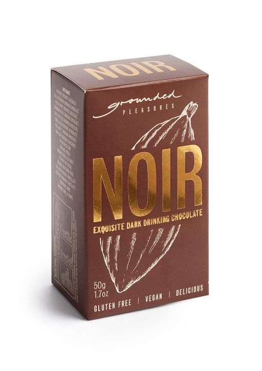 A box of grounded pleasures noir drinking chocolate on a white background
