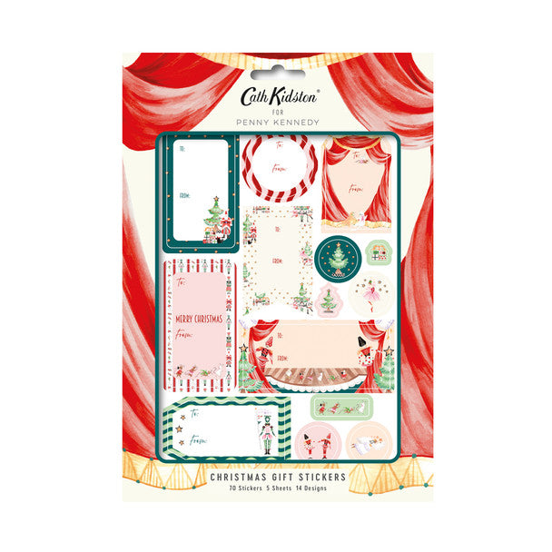 Cath Kidston packaging of Christmas gift stickers. Various Christmas designs. On white background.