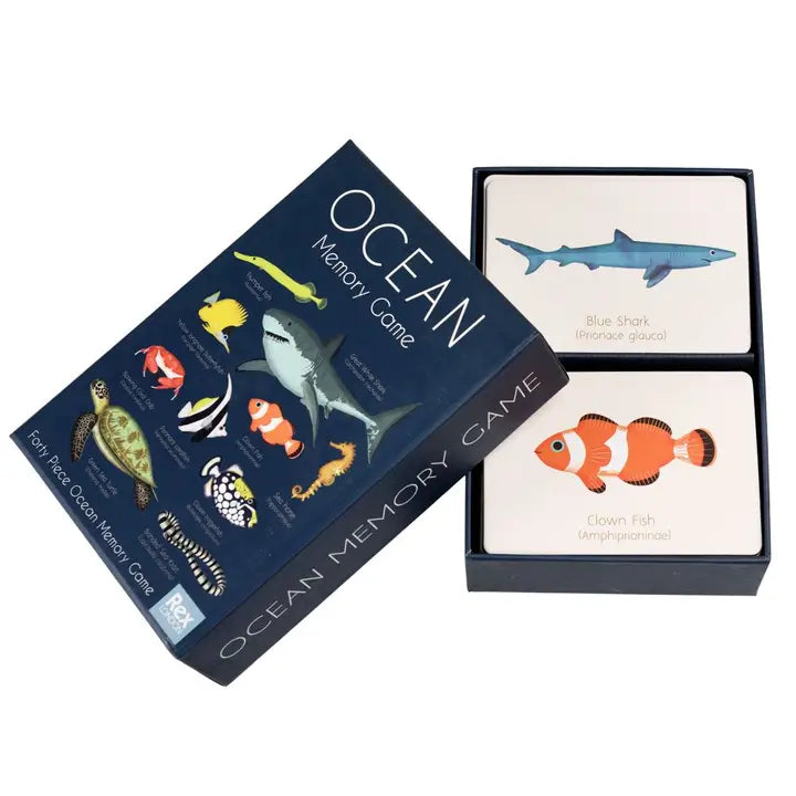 Ocean-themed memory game with cards and packaging on a white background