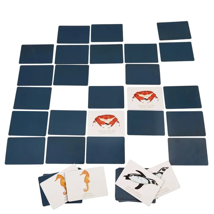 Set of blue square tiles with animal illustrations on a white background