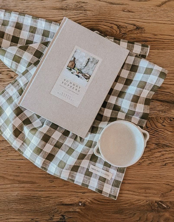 Mama & Tochter Pure French Linen Tea Towel: Olive Gingham