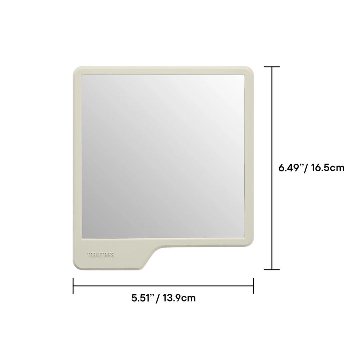 Sand coloured shower mirror with dimensions, on a white background