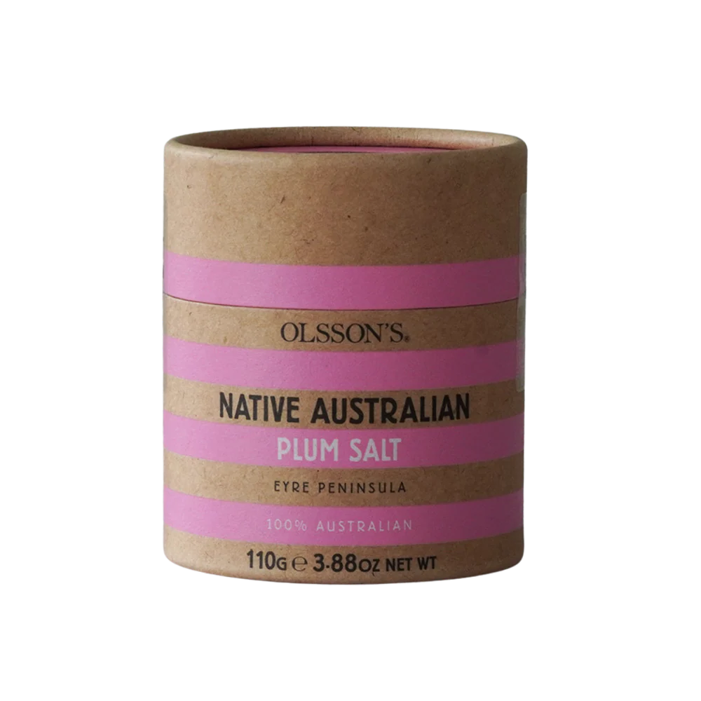Kraft paper container with pink stripes labeled 'Olsson's Native Australian Plum Salt' on a white background