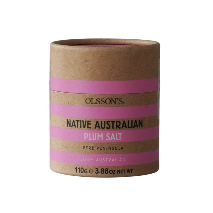 Kraft paper container with pink stripes labeled &
