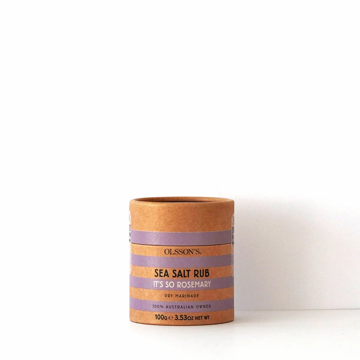 Sea salt rub container with purple label on a white background