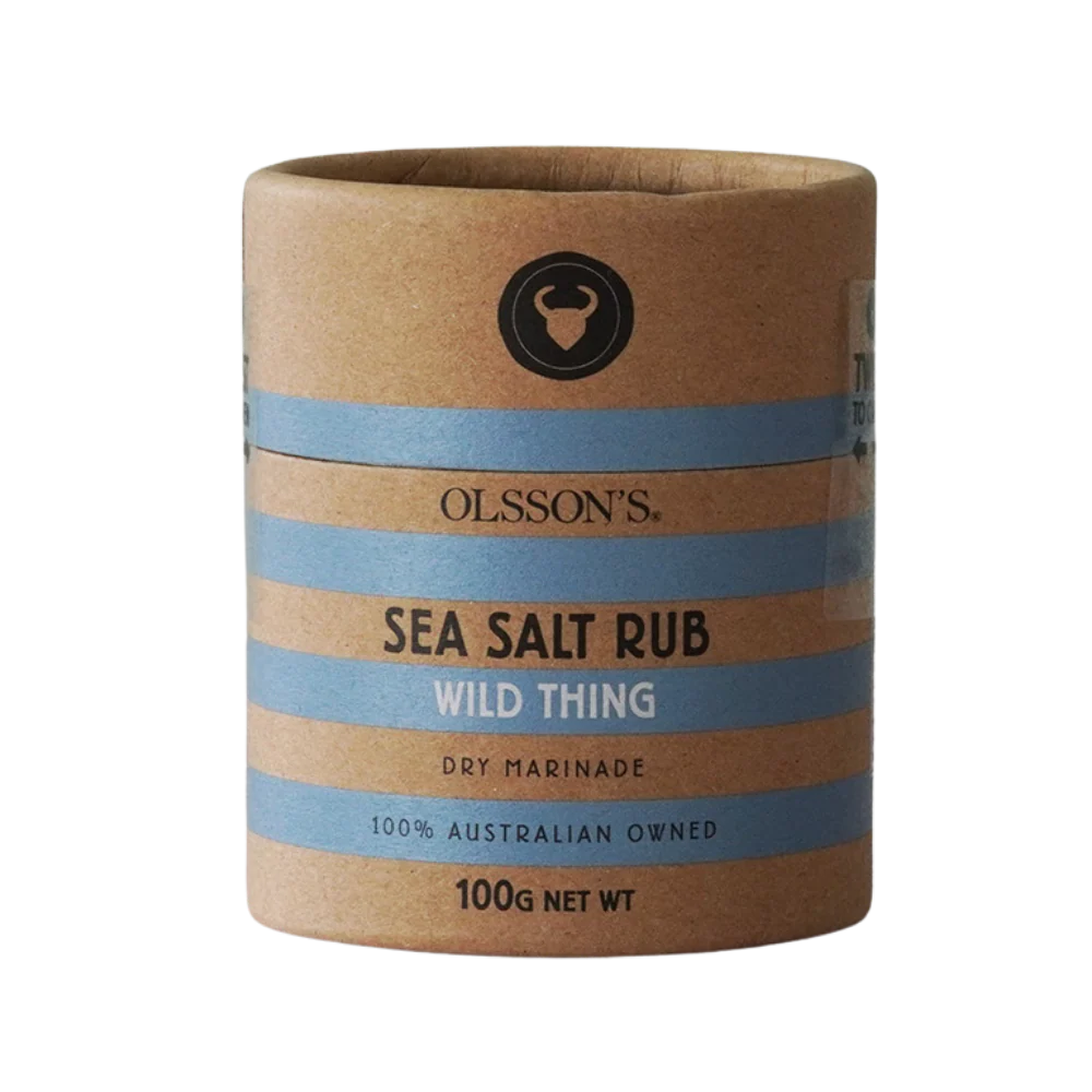Cardboard container of Olsson's Sea Salt Rub Wild Thing on a white background