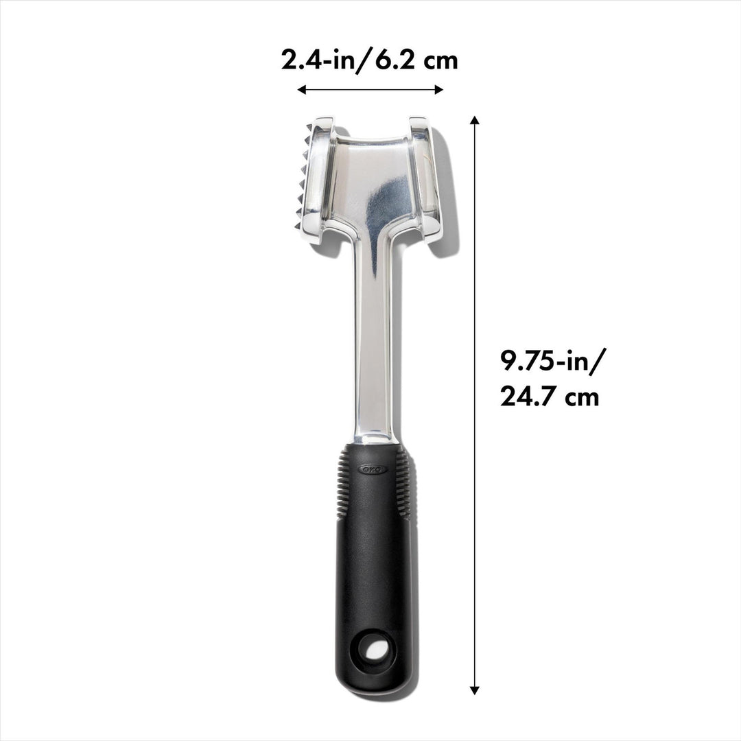 Meat tenderizer with dimensions labeled on a white background