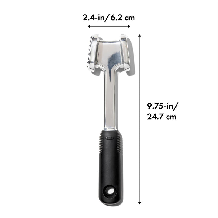 Meat tenderizer with dimensions labeled on a white background