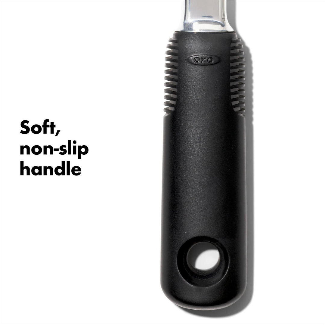 Black kitchen tool with soft, non-slip handle on a white background