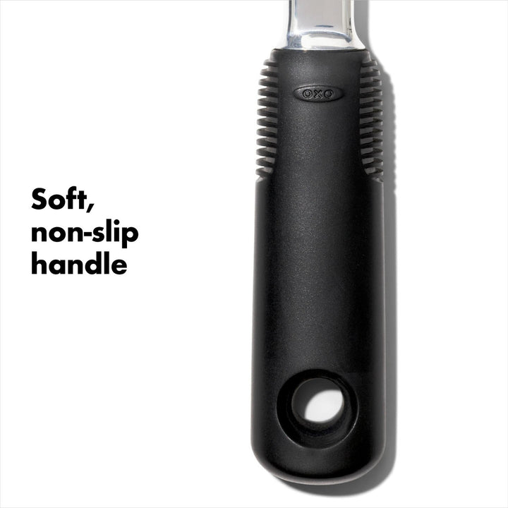 Black kitchen tool with soft, non-slip handle on a white background
