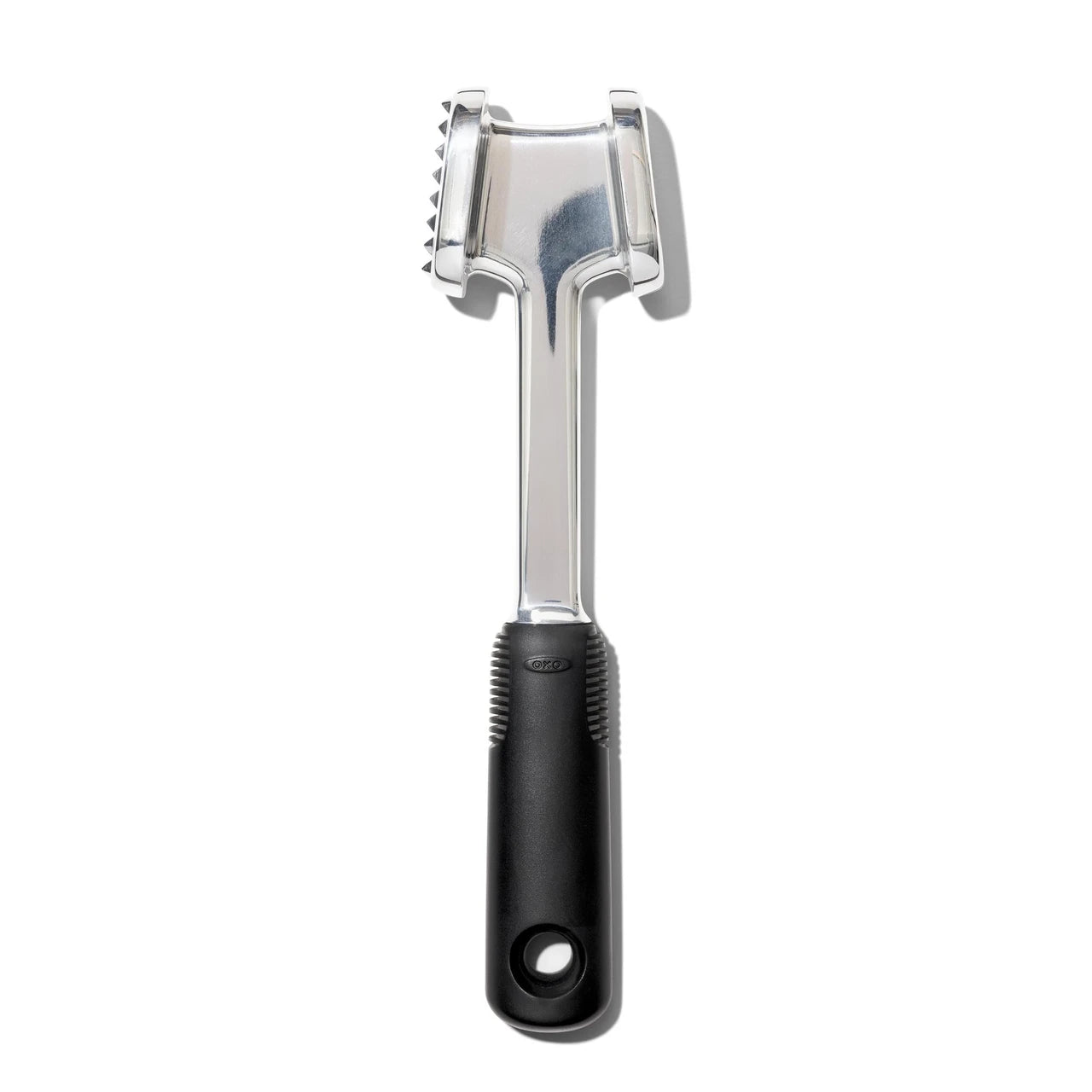 Metal meat tenderizer with black handle on a white background