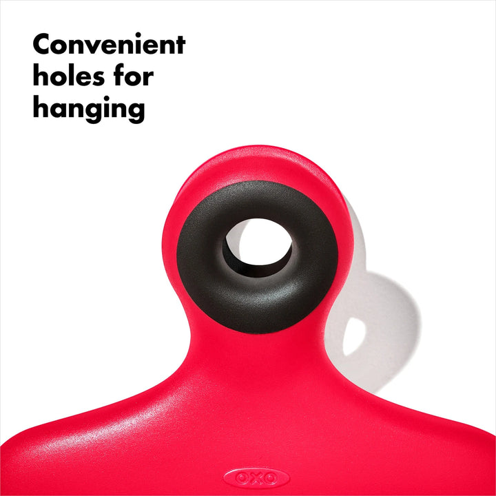 Red clip with black hook on a white background, featuring the OXO logo.