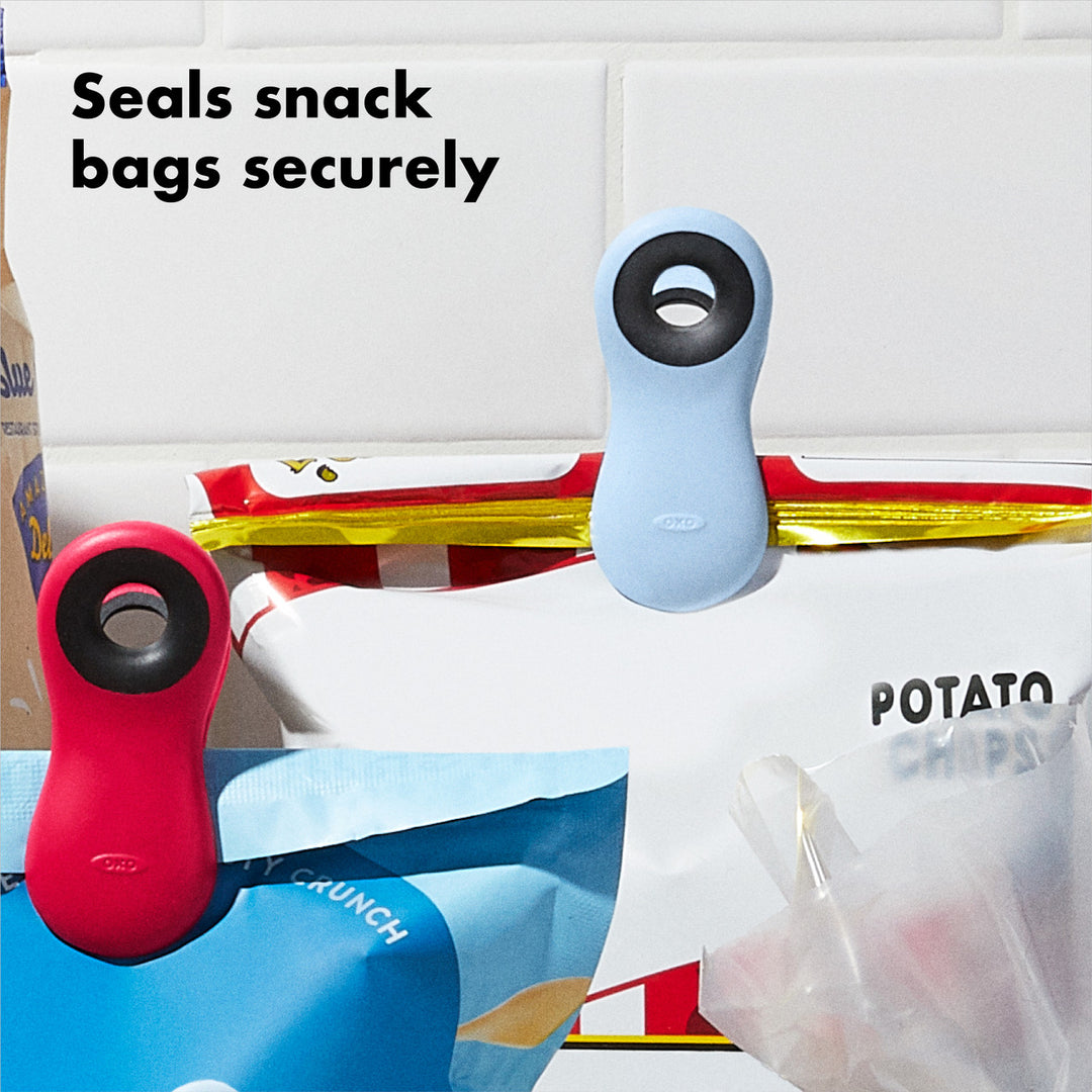 Two snack bag sealers in red and blue on a white background with text &