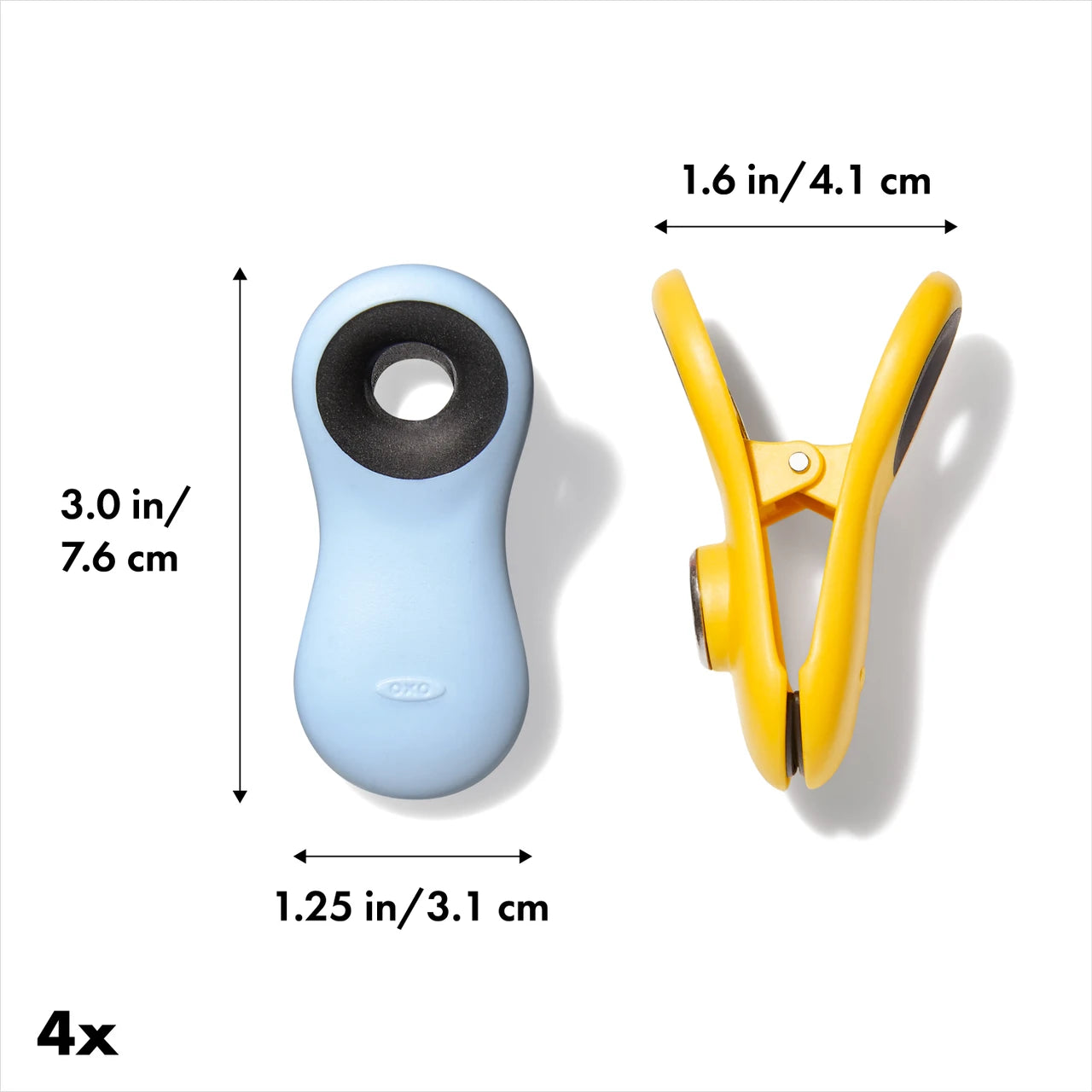 Two clips, one blue and one yellow, with measurements indicated on a white background.