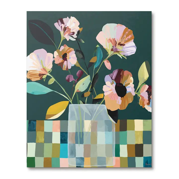 Colorful floral painting with a geometric vase on a dark green background