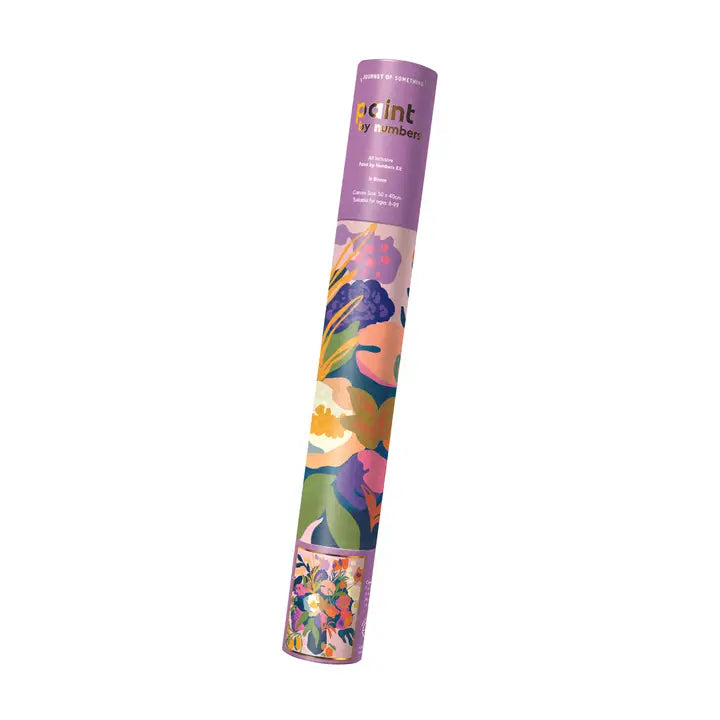 Colorful paint by numbers cylinder package with floral design on a white background